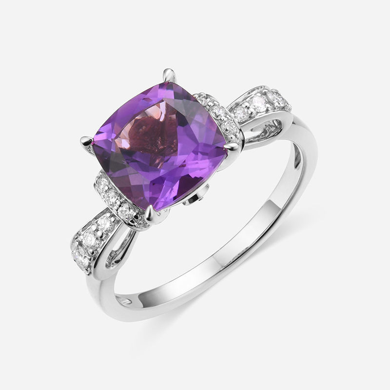 图片 14K 白金配钻石和紫水晶戒指