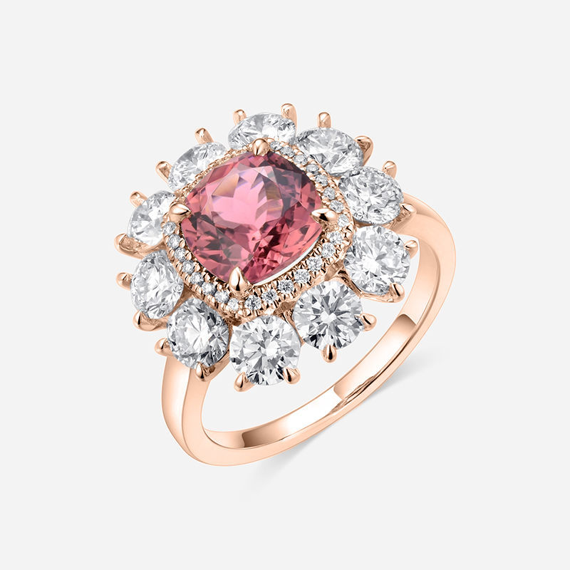 图片 14K 玫瑰金配钻石和粉红碧玺戒指